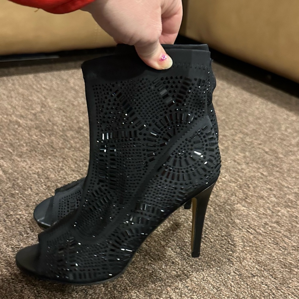 Lauren Lorraine Emma Black Sequin Rhinestone Peep-Toe Stiletto Heel Bootie 8M - Picture 6 of 7